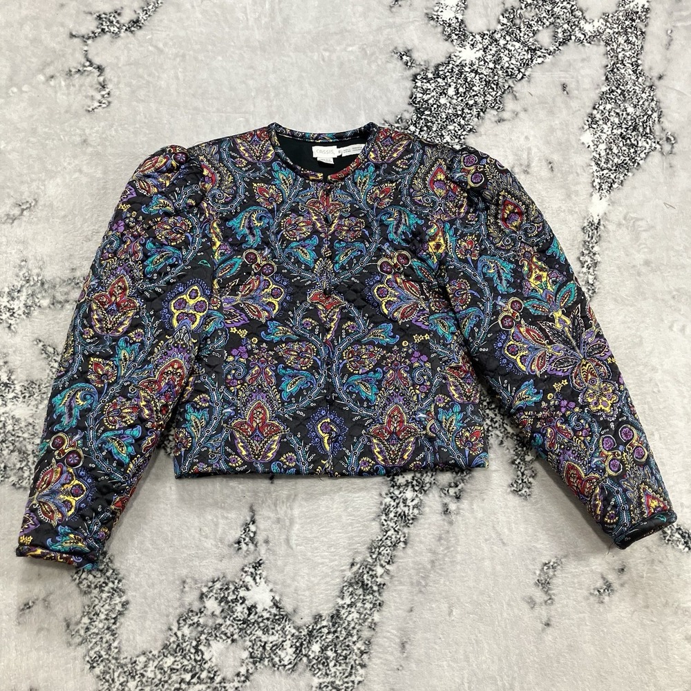 Cassis 100% Silk Quilted Jacket Cropped Paisley Boho Womens Size 12 Multicolor